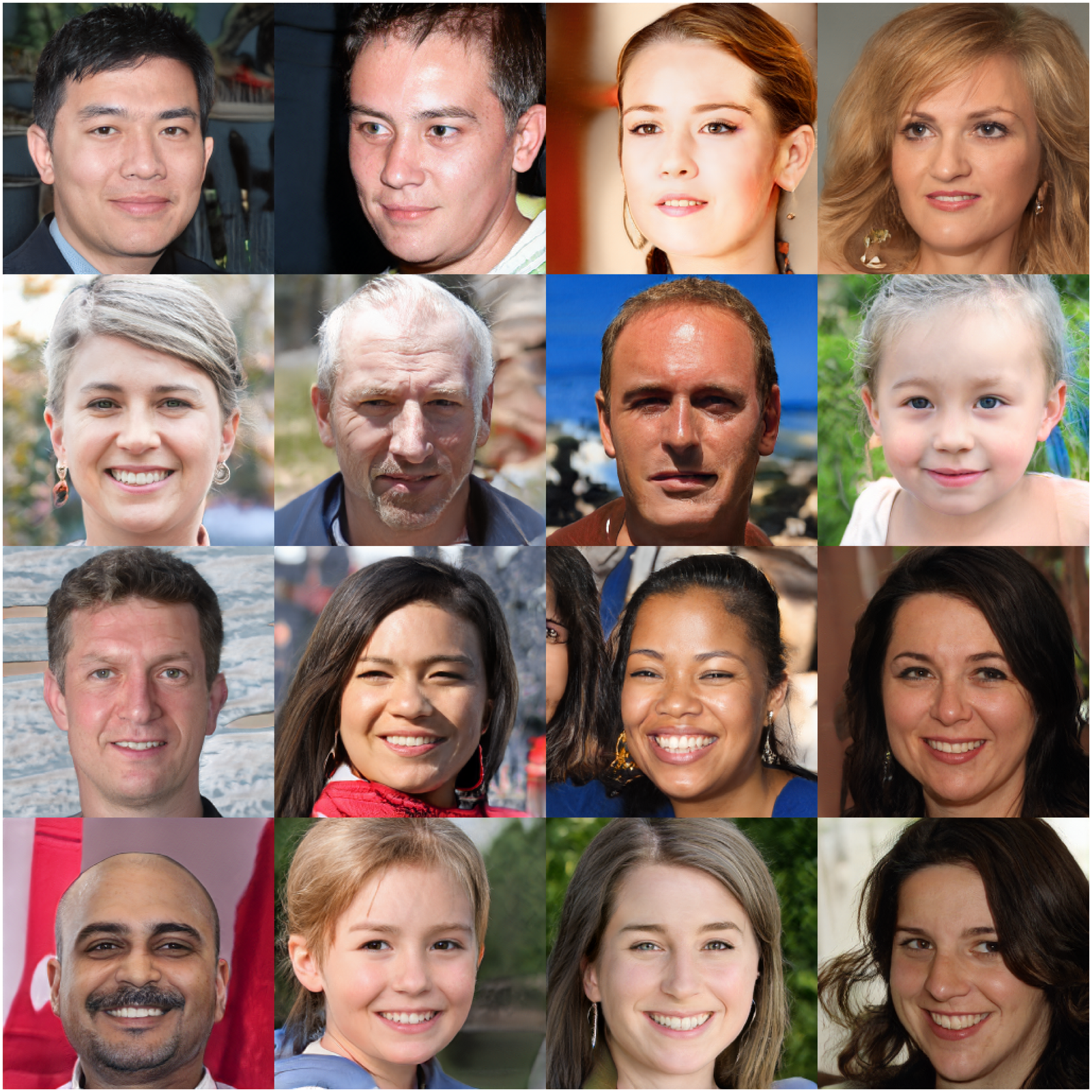 Grid of synthetic face images generated by a model
