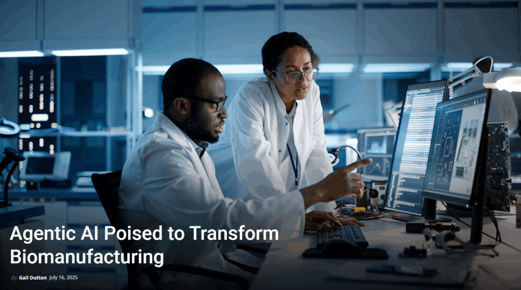 Scientists at computer workstations; agentic AI for biomanufacturing