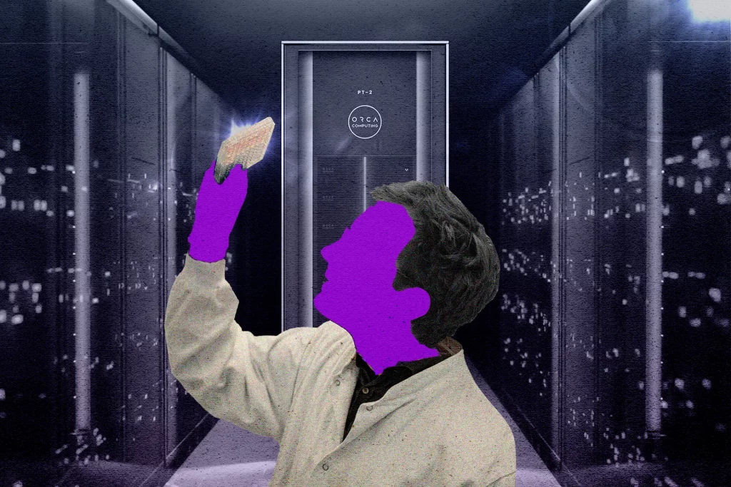 Illustration of a scientist inspecting a quantum computer