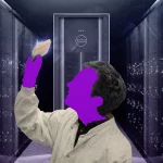 Illustration of a scientist inspecting a quantum computer